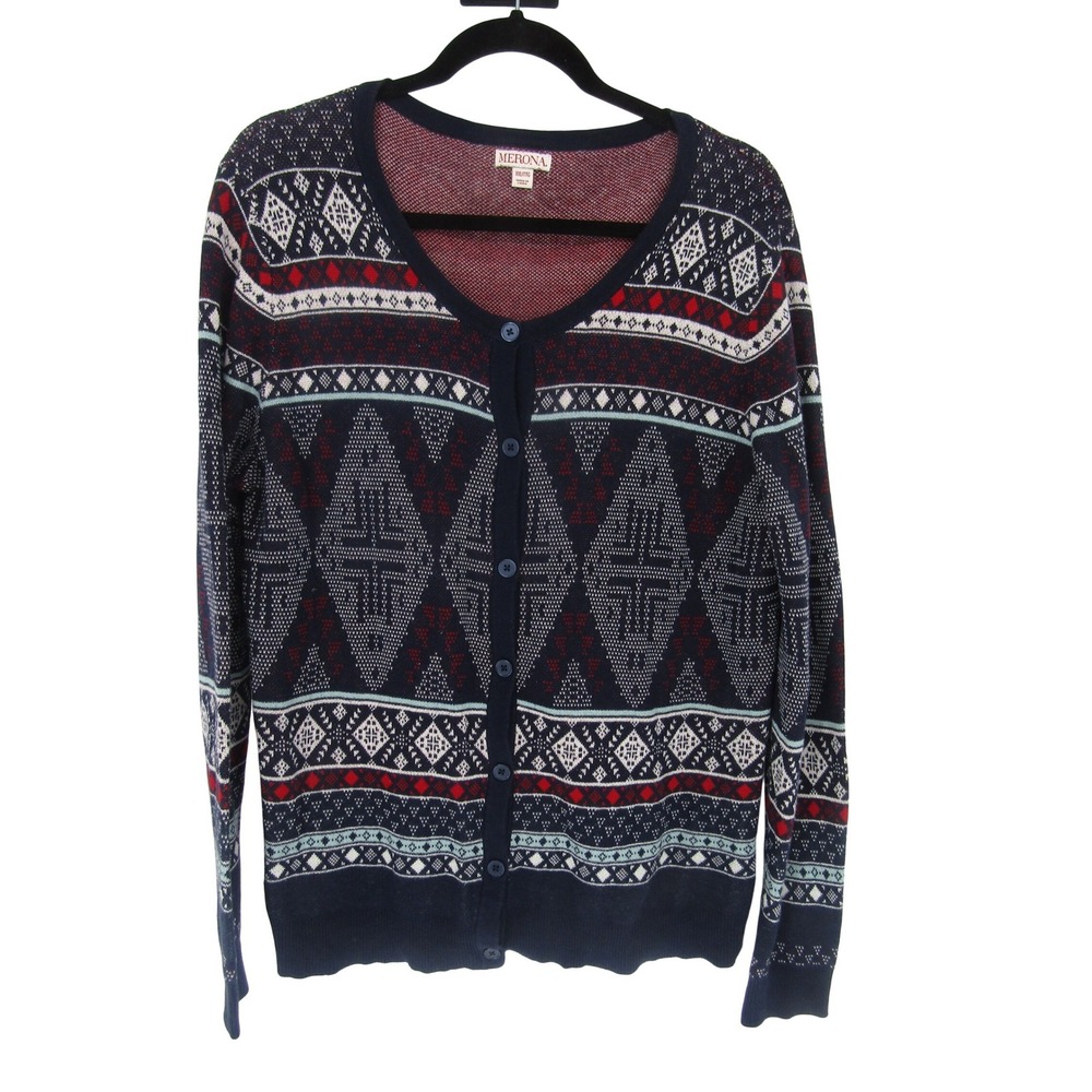 Merona‎ Cardigan Sweater Womens XXL Navy Blue Fair Isle Cotton Button V-Neck